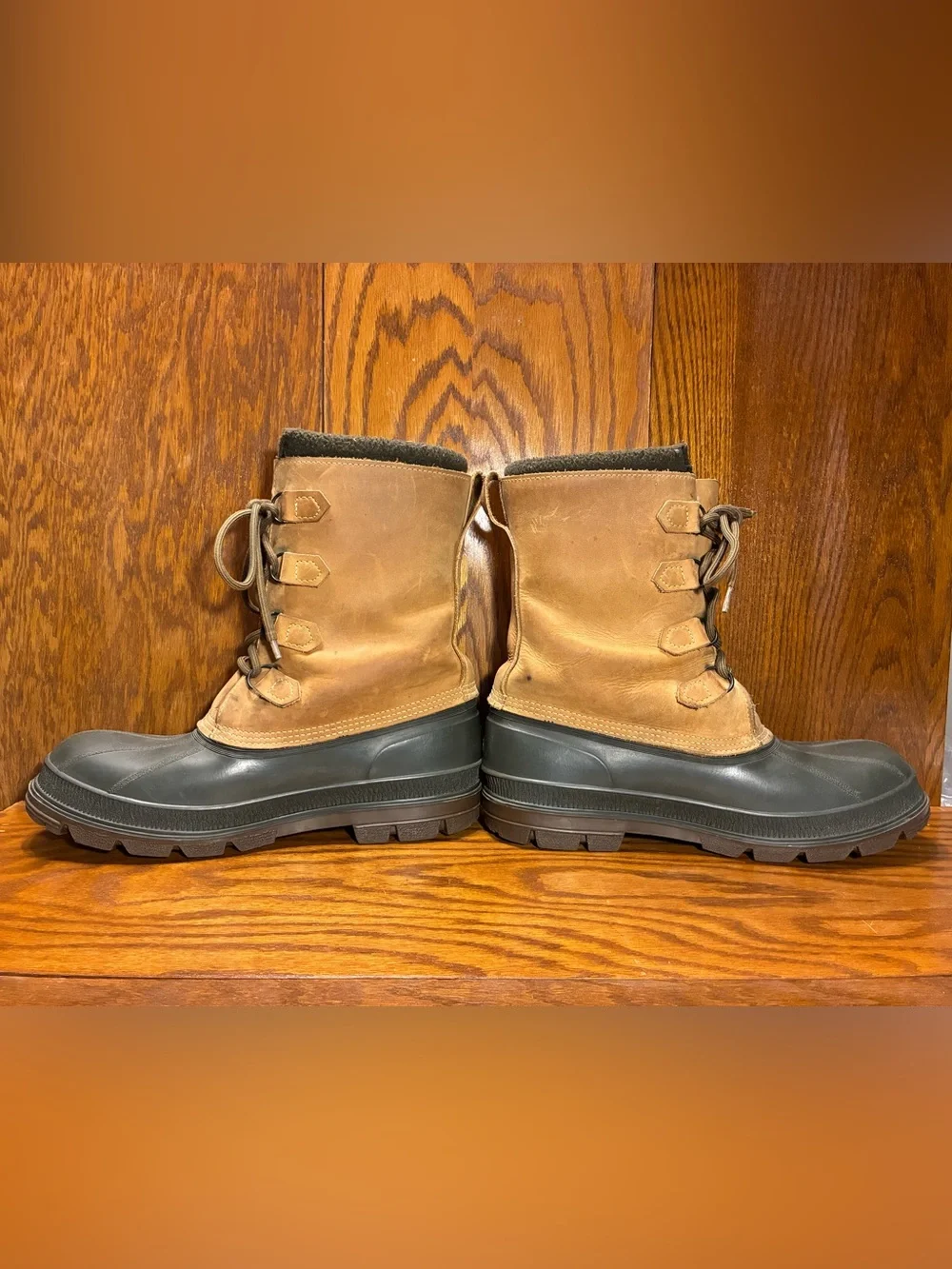 L.L. Bean Duck Snow Boots Removable Liners Brown Leather Green Rubber Men’s 11
